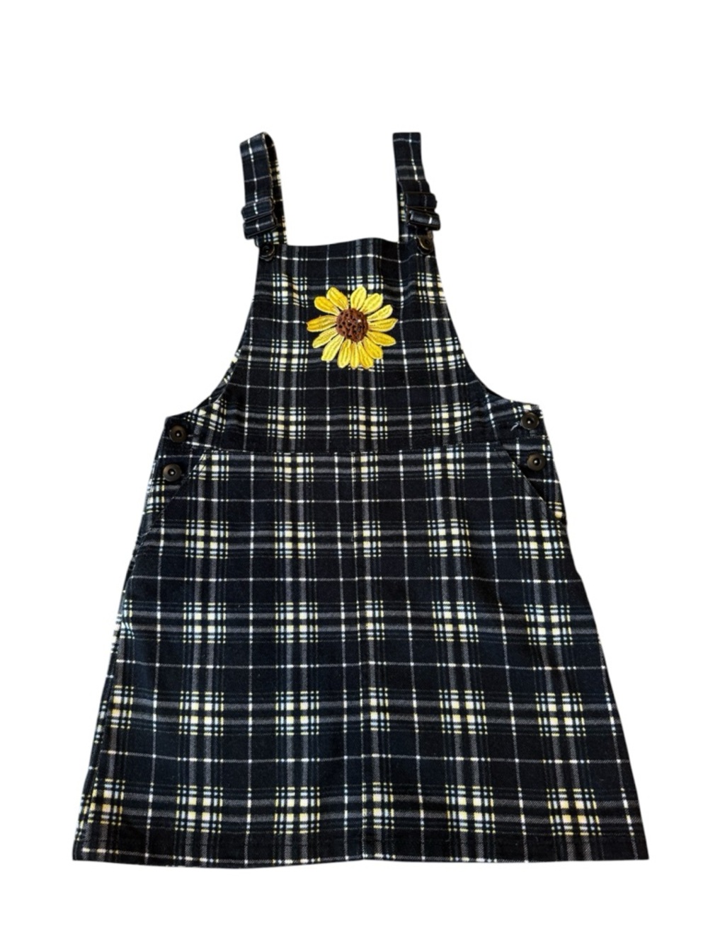 Forever 21 Navy Plaid Pinafore Dress with Yellow Sunflower Applique
